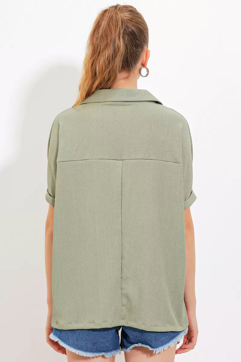 Kadın Polo Yaka Kısa Kol Oversize Bluz