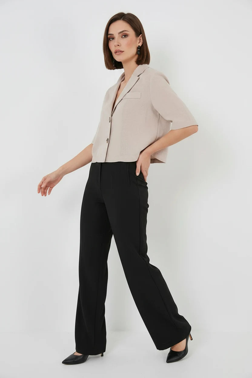 Kadın Klasik Yaka Crop Kısa Kol Keten Bej Ceket