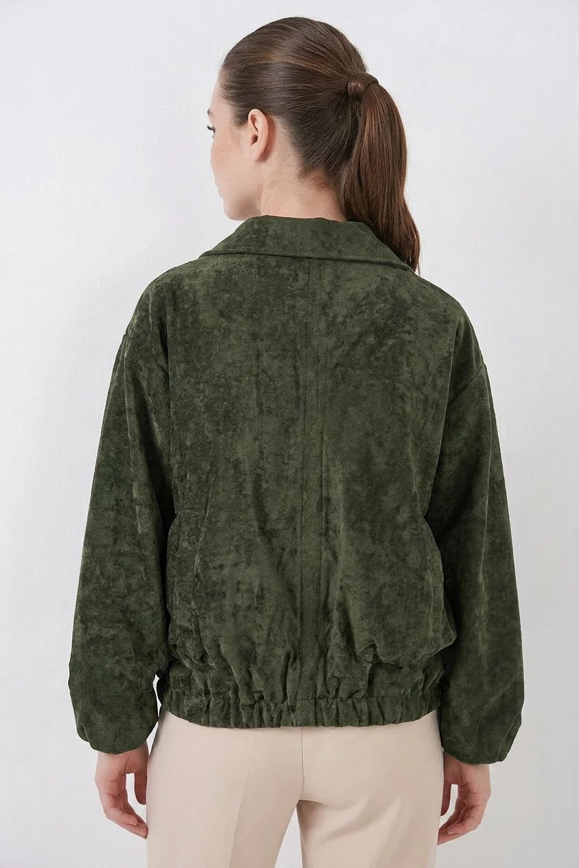 Kadın Gömlek Yaka Büzgülü Oversize Kadife Haki Ceket