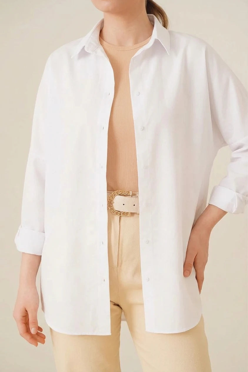 Kadın Oversize Basic Pamuklu Beyaz Tesettür Gömlek