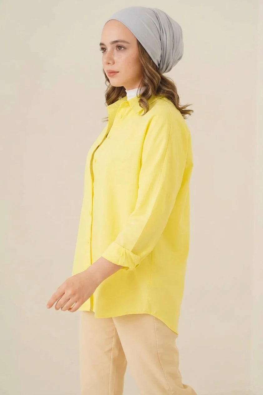 Kadın Oversize Basic Pamuklu Sarı Tesettür Gömlek