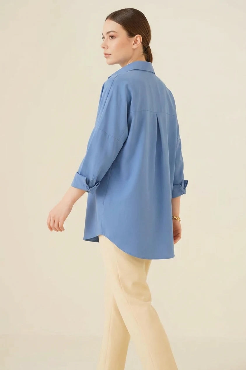 Kadın Oversize Basic Pamuklu İndigo Tesettür Gömlek