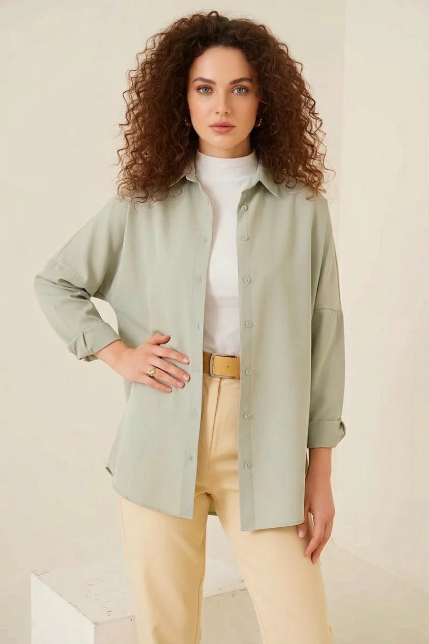 Kadın Oversize Basic Pamuklu Açık Haki Tesettür Gömlek