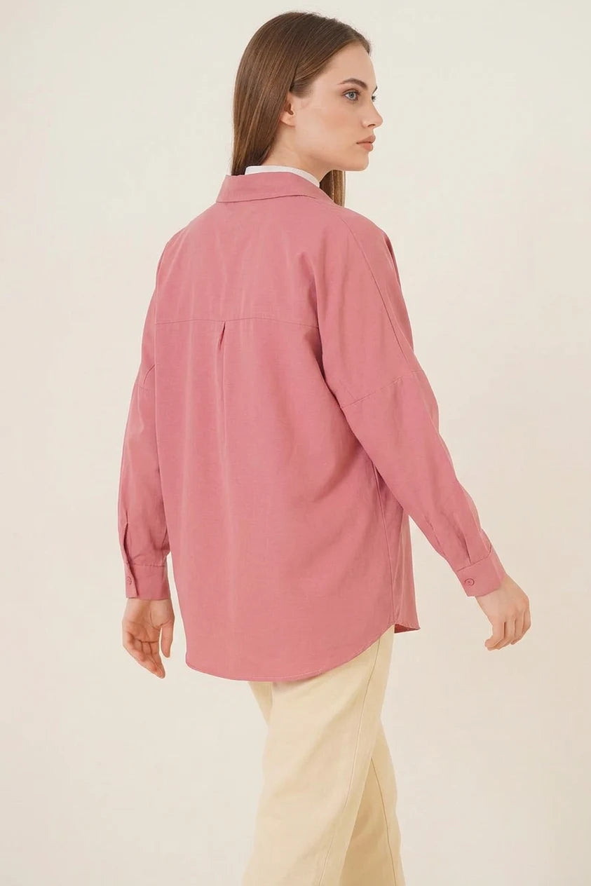 Kadın Basic Oversize Pamuklu Gül Kurusu Tesettür Gömlek