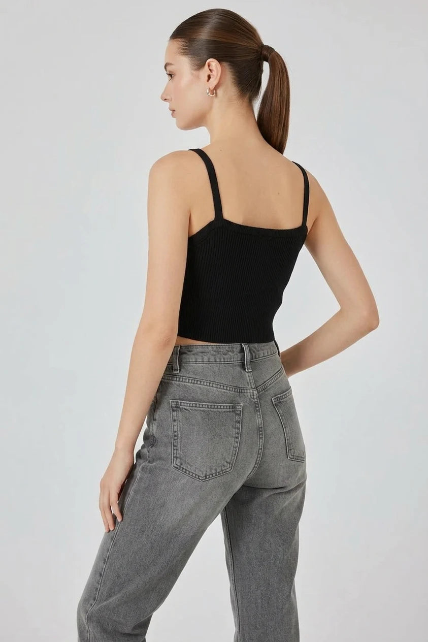 Kadın Kare Yaka Crop Askılı Siyah Bluz