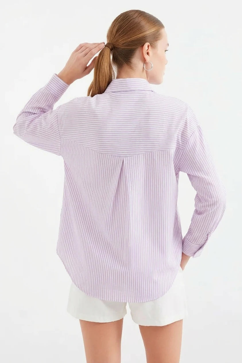 Kadın Tek Cepli Oversize Kesim Çizgili Pamuklu Pembe Gömlek