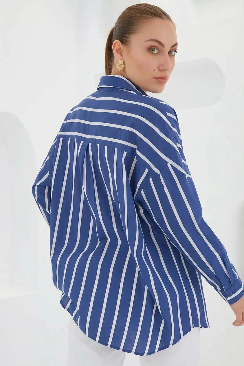 Kadın Basic Oversize Çizgili Lacivert Gömlek