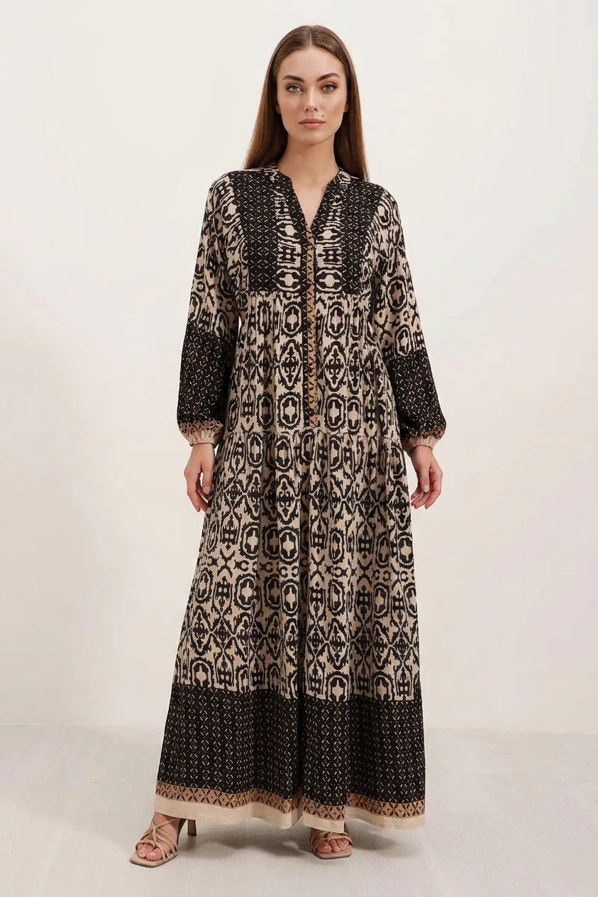 Kadın Gömlek Yaka Belden Oturmalı Otantik Desenli Viskon Siyah Tesettür Elbise