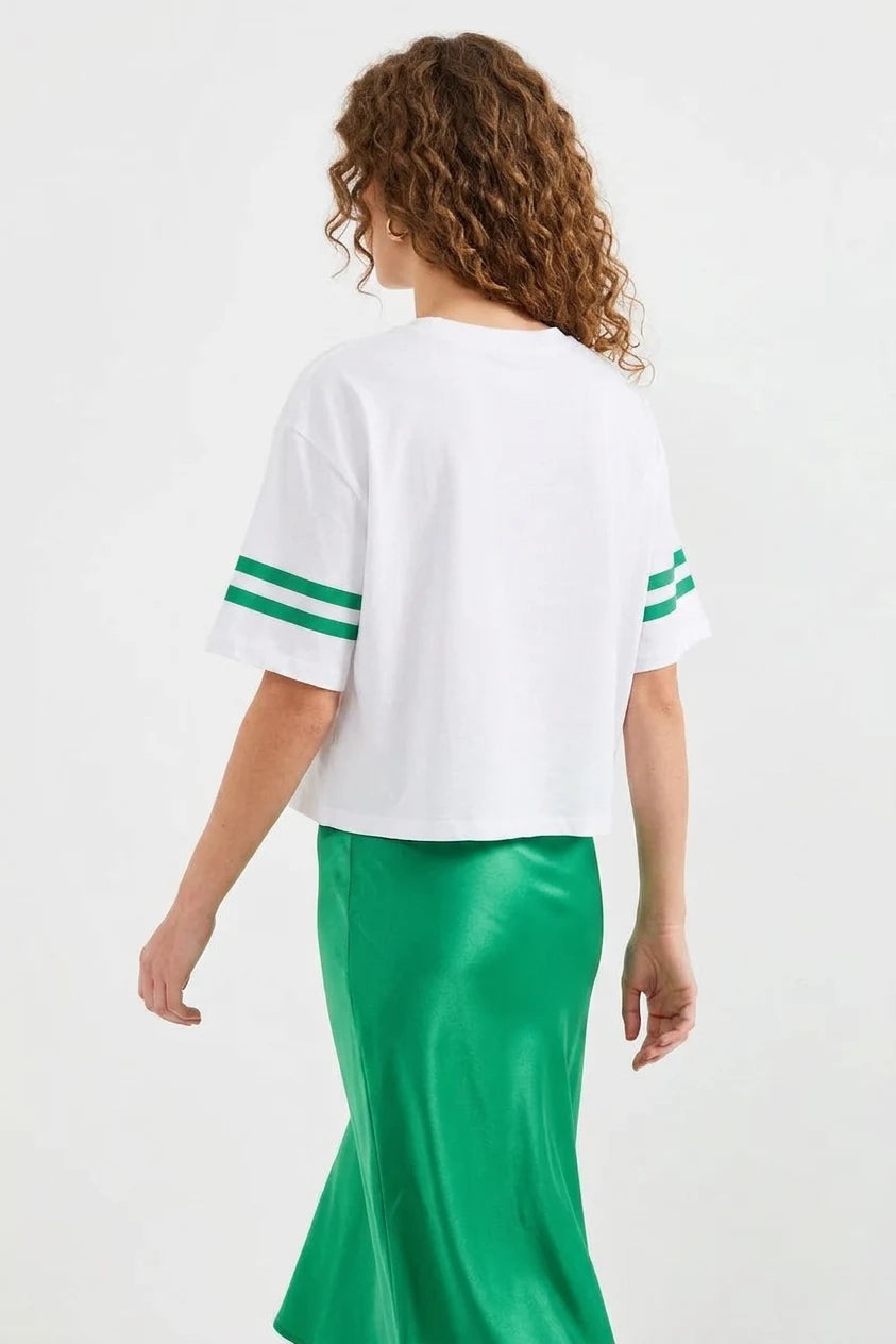 Kadın Yuvarlak Yaka Basic Oversize Çizgili Kol Baskılı Beyaz Tişört