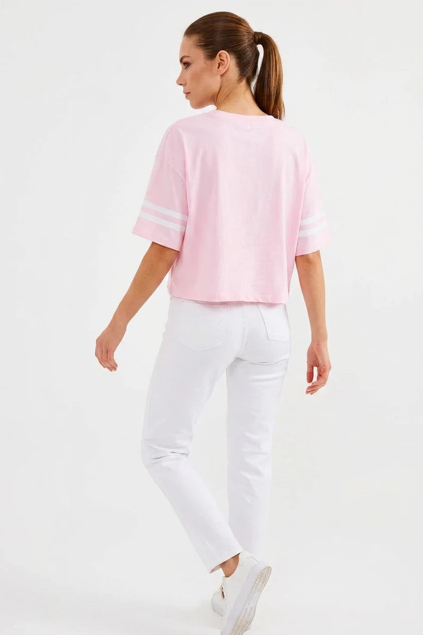 Kadın Basic Oversize Çizgili Kol Pembe Tişört