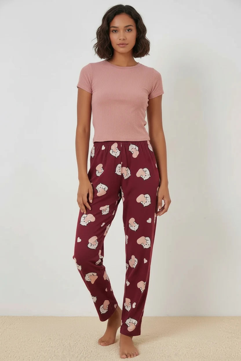Kadın Desenli Bordo Pijama Altı