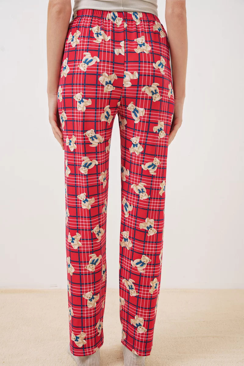 Kadın Beli Bağcıklı Çizgili Ayı Desenli Kırmızı Pijama Altı