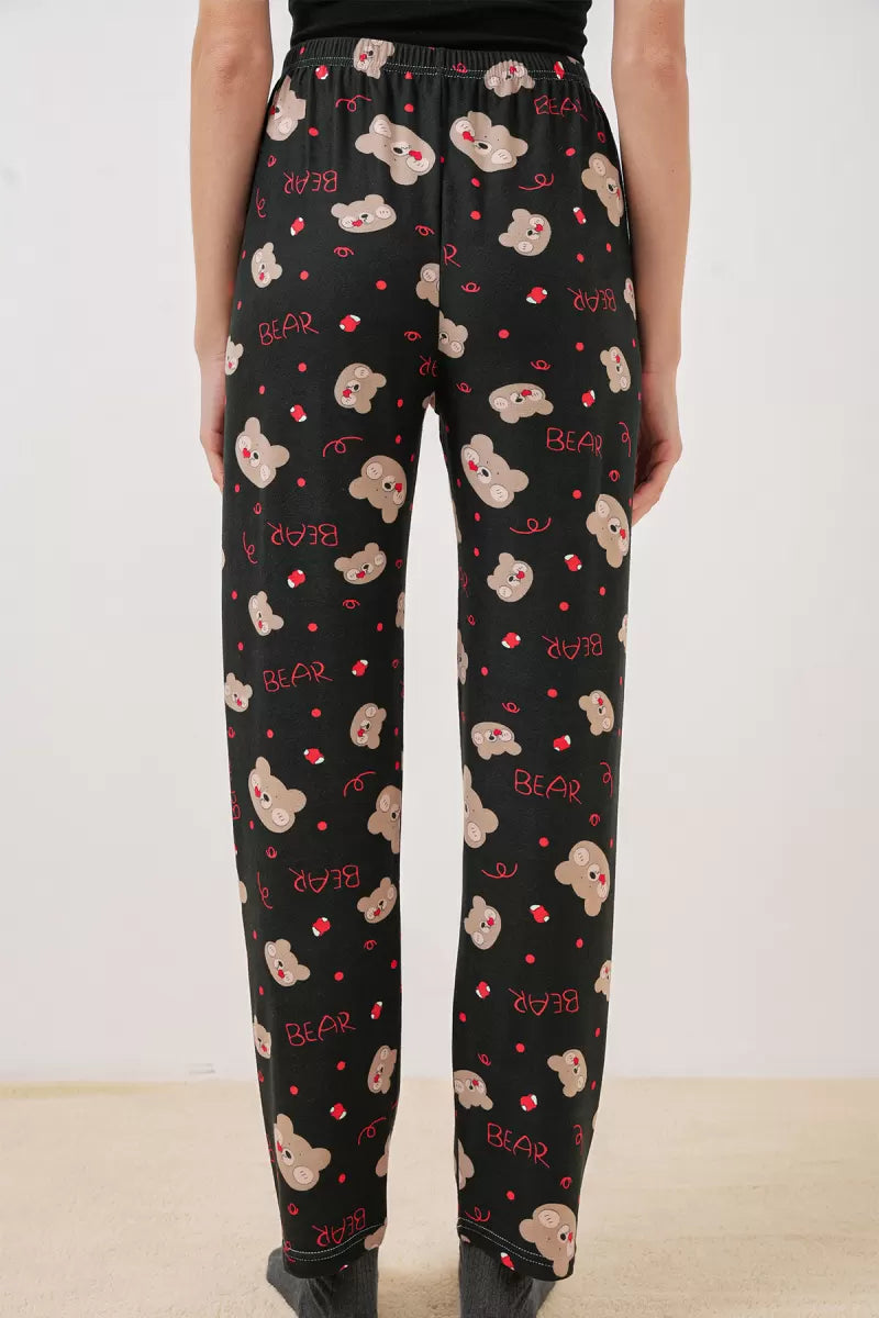 Kadın Belden Büzgülü Ayı Desenli Siyah Pijama Altı
