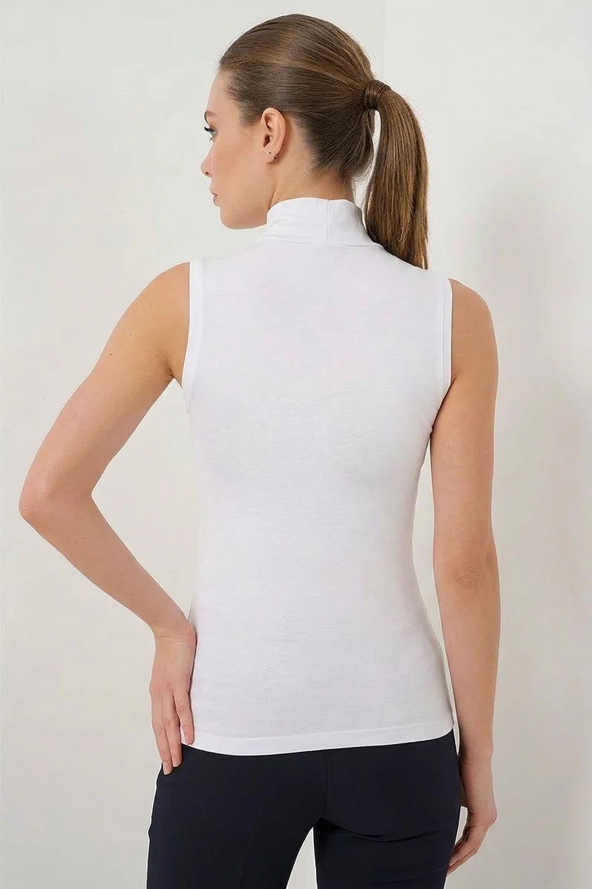 Kadın Balıkçı Yaka Kolsuz Viskon Beyaz Body