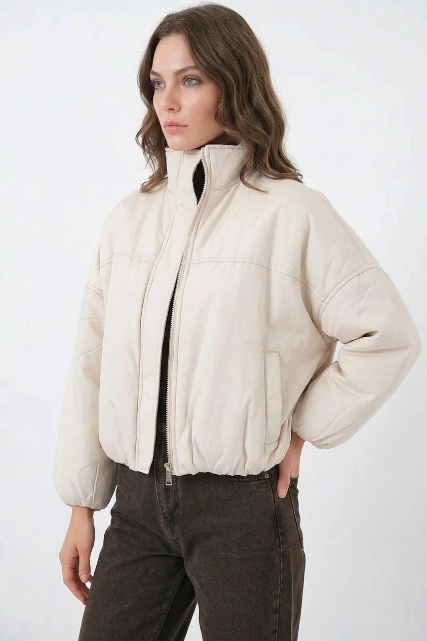 Kadın Yüksek Yaka Oversize Bomber Ekru Mont