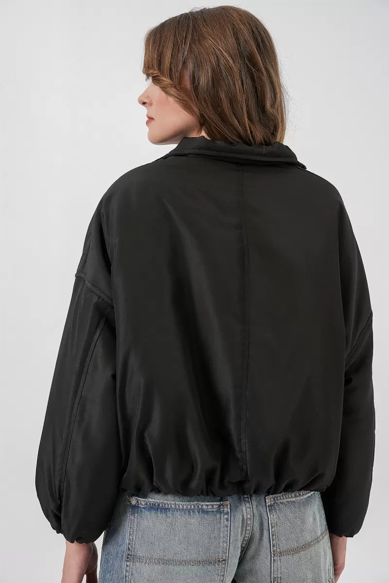 Kadın Dik Yaka Belden Büzgülü Oversize Bomber Siyah Mont
