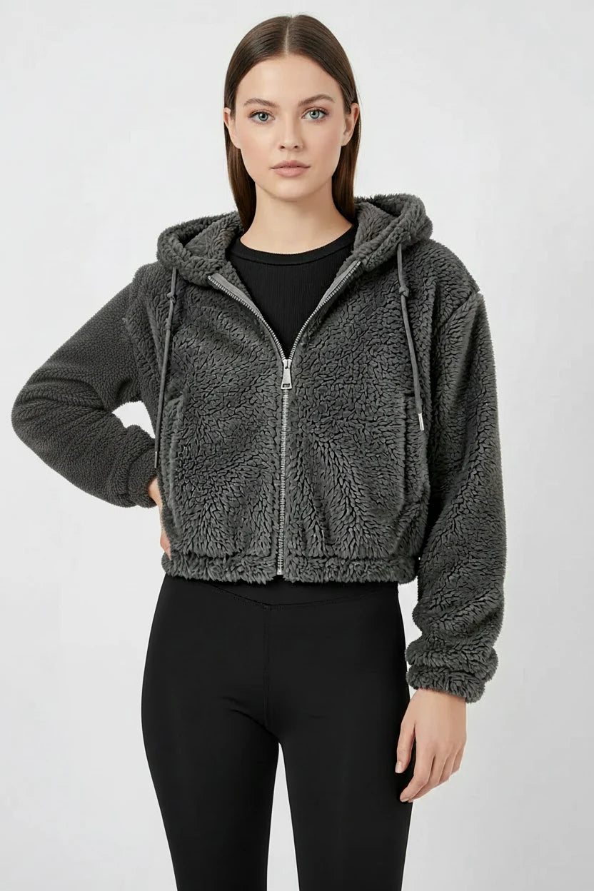 Kadın Kapüşonlu Crop Peluş Ceket