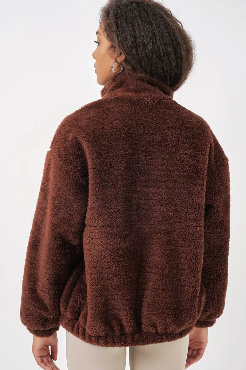 Kadın Yüksek Yaka Fermuarli Kahverengi Ceket