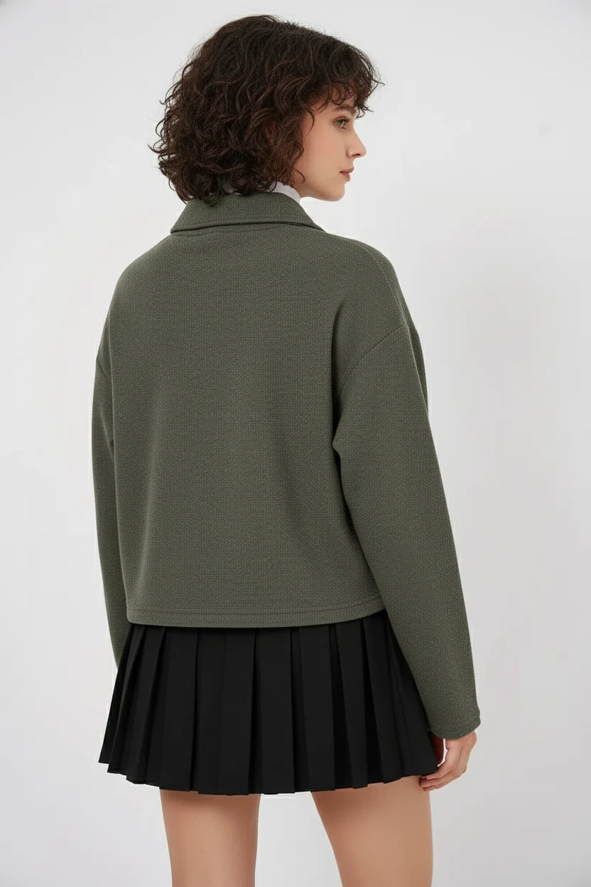 Kadın Klasik Yaka Düğmeli Pamuklu Haki Sweatshirt