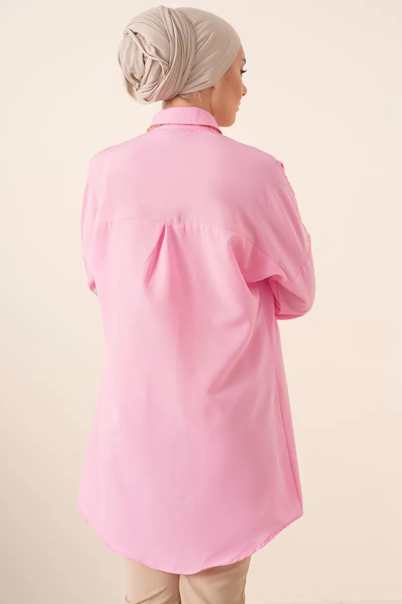 Kadın Gömlek Yaka Düğmeli Basic Pamuklu Pembe Tesettür Tunik