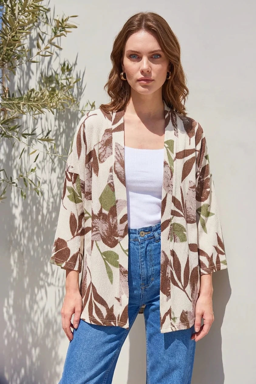 Kadın Yaka Çiçek Desenli Haki Kimono