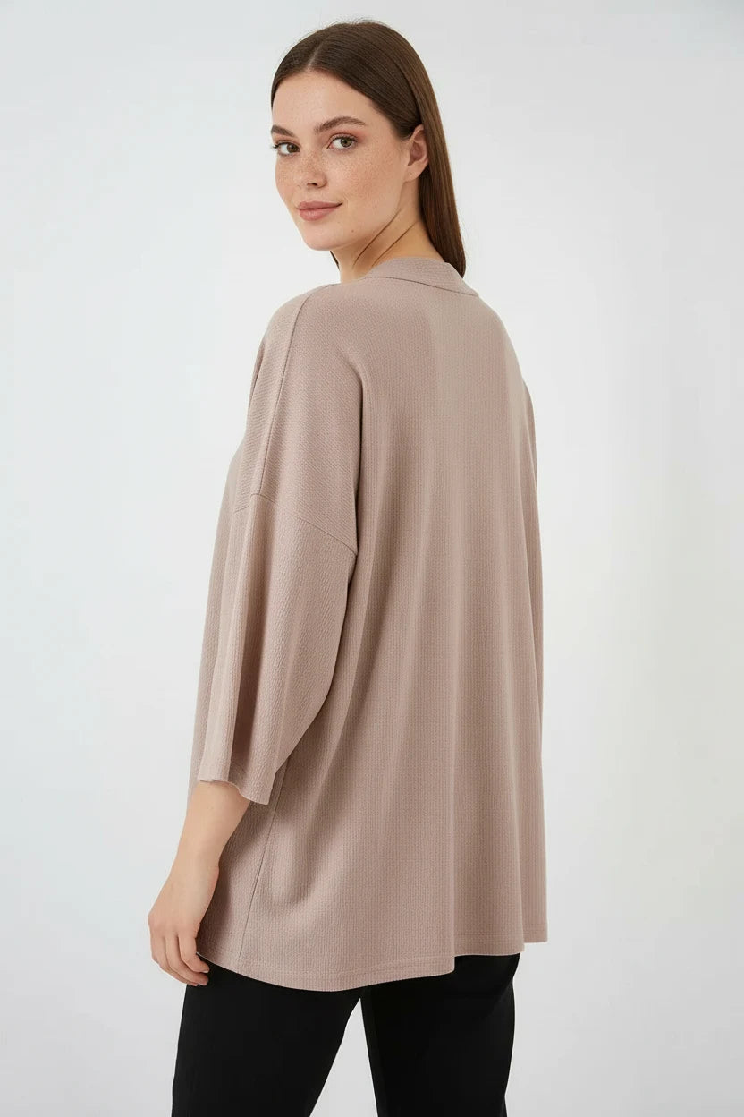 Kadın Gömlek Yaka Dökümlü Kol Bej Kimono