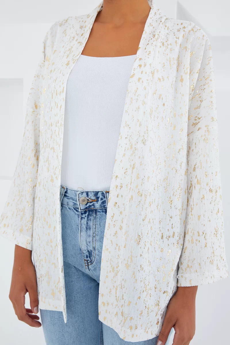 Kadın Varaklı Ekru Kimono