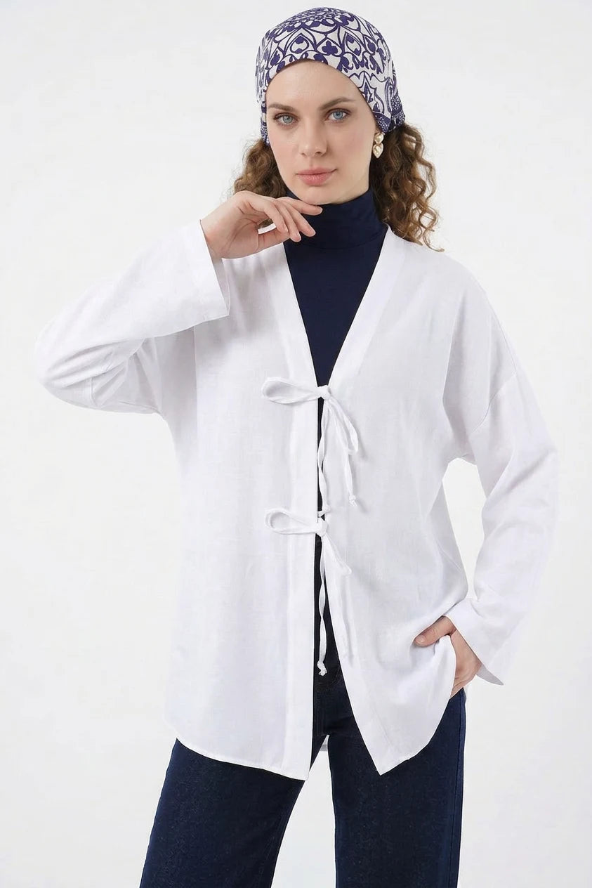 Kadın V Yaka Bağcıklı Viskon Beyaz Tesettür Kimono