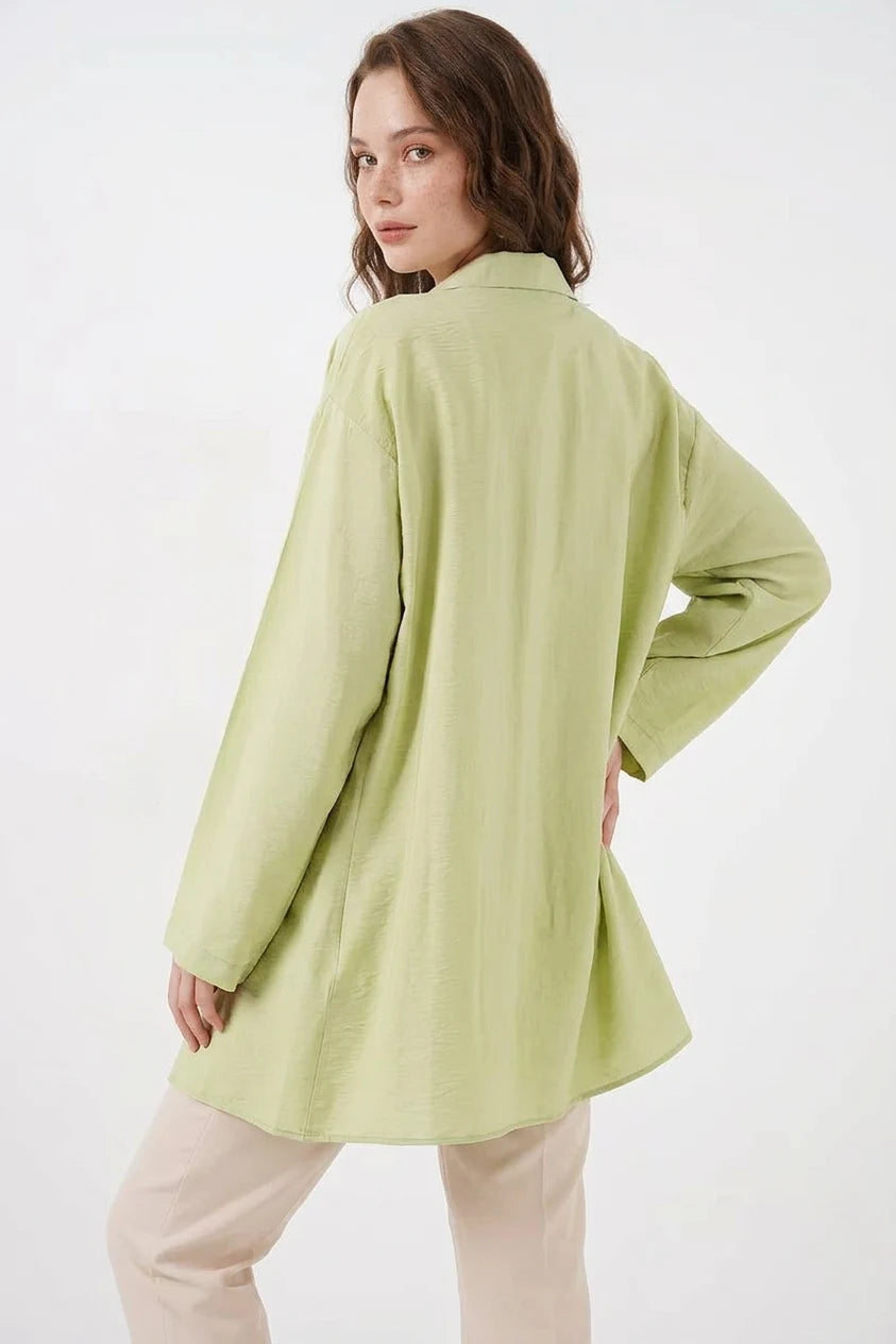 Kadın Gömlek Yaka Belden Bağcıklı Viskon Çağla Yeşili Kimono