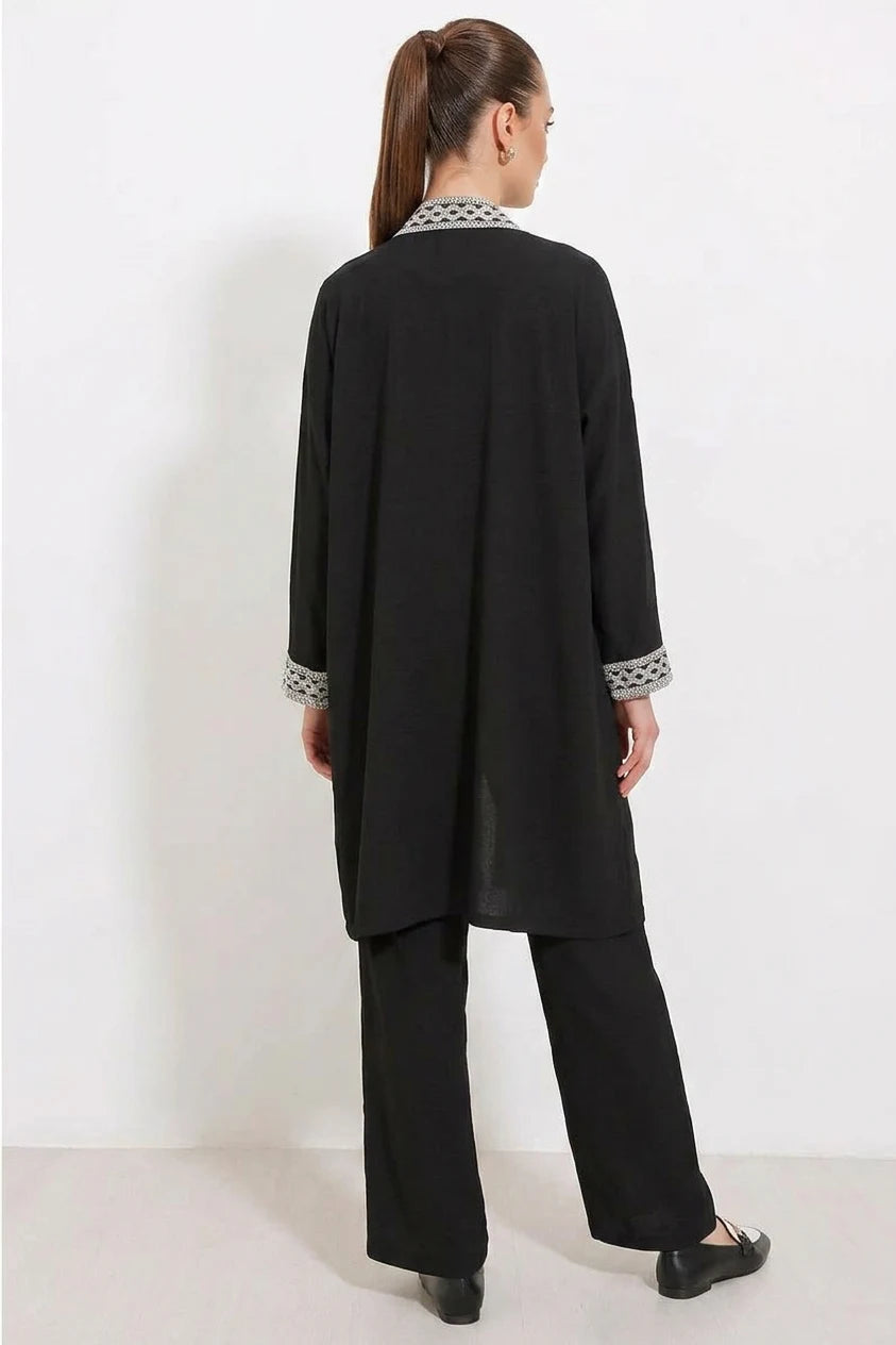 Kadın Kimono Yaka Örme Dantel Detaylı Siyah Takım