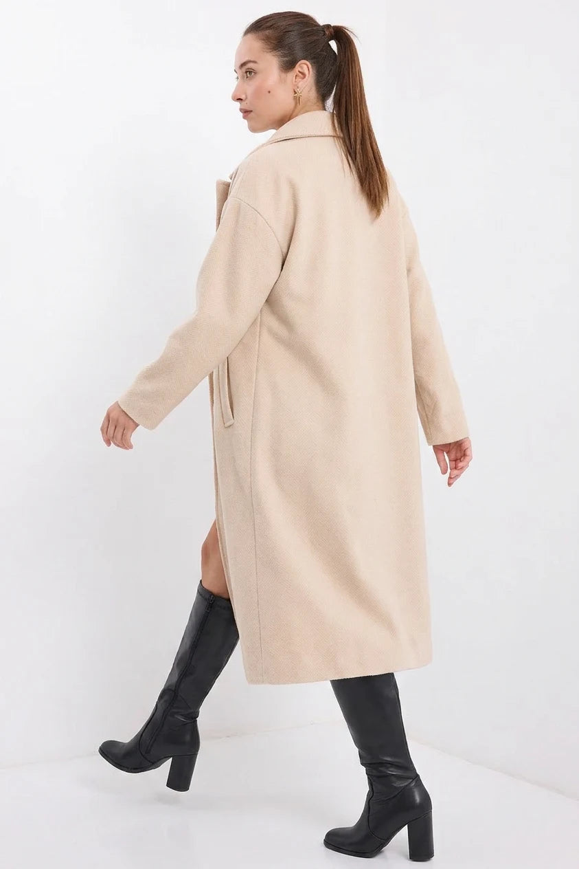 Kadın Yaka Oversize Geniş Kesim Kaşe Krem Kaban