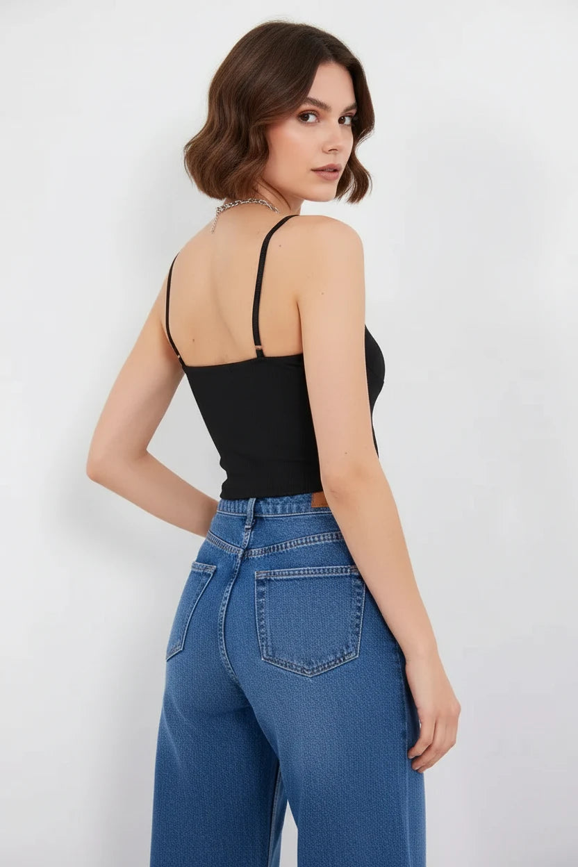 Kadın Askılı Noktalı Desen Pamuklu Siyah Crop Top