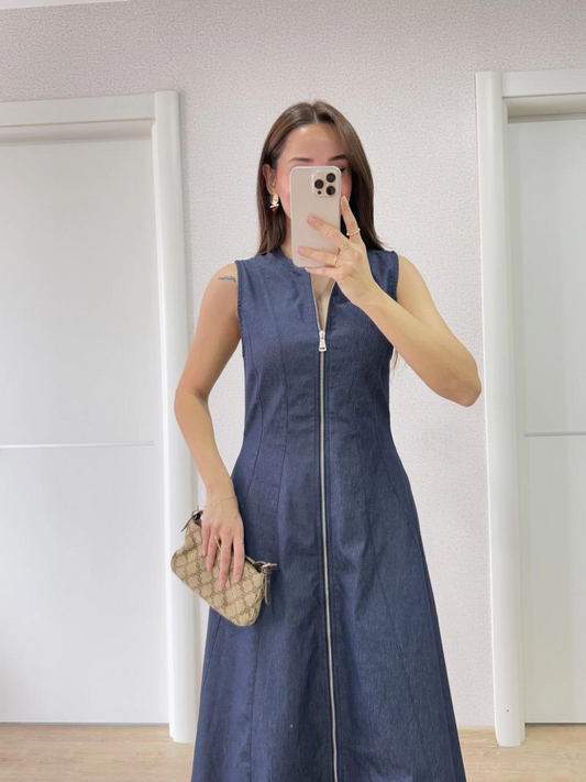 Kadın Jeans Kot Önü Tam Fermuarlı Uzun Elbise - Mavi