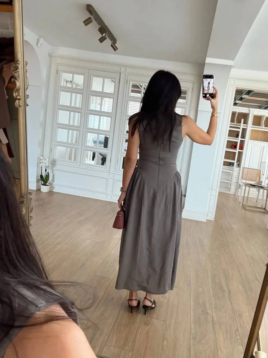 Kadın Kolsuz Uzun Kabardin Elbise - Gri