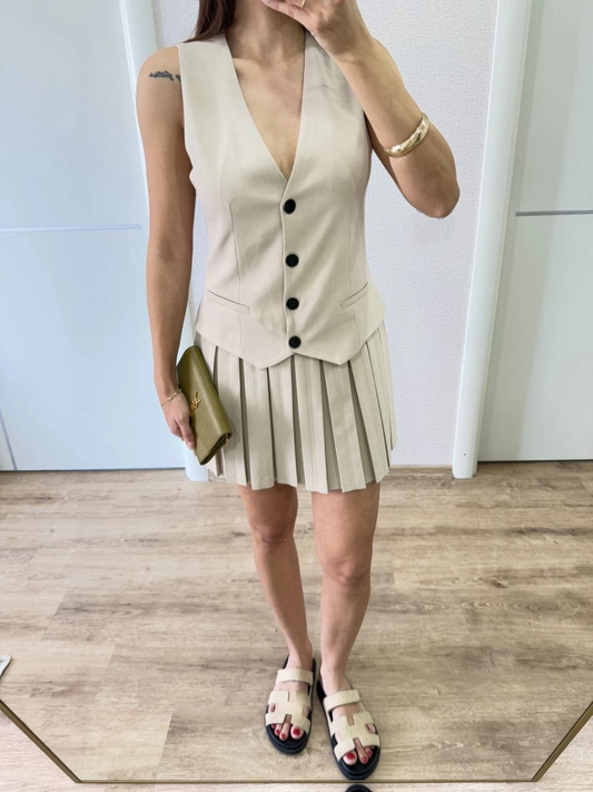 Kadın Keten Takım Görünümlü Düğme Detaylı Yelekli Mini Elbise - Bej