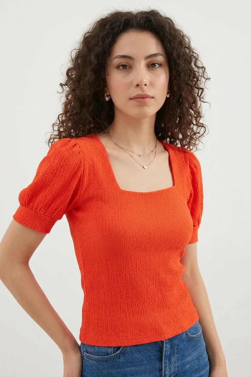 Kadın Kare Yaka Kısa Kol Kabarık Oranje Bluz