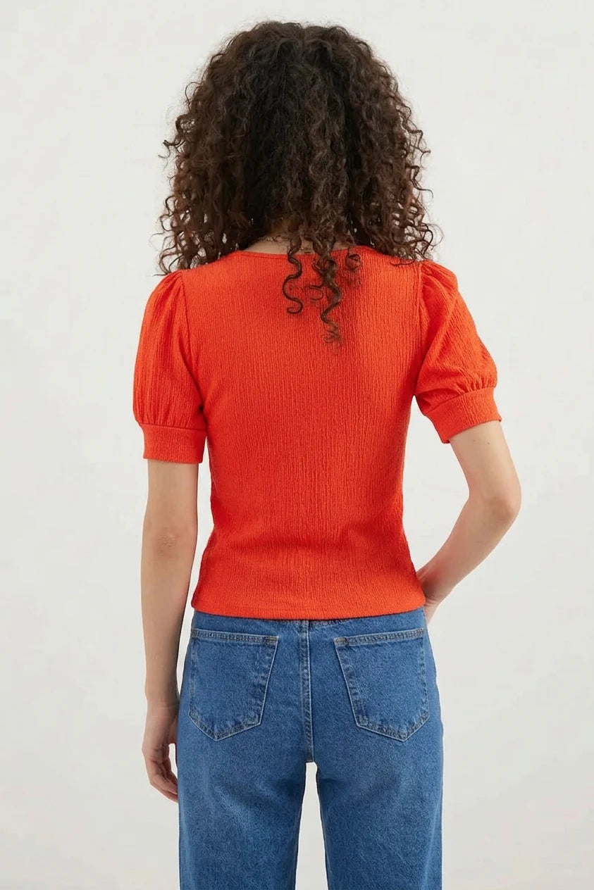 Kadın Kare Yaka Kısa Kol Kabarık Oranje Bluz