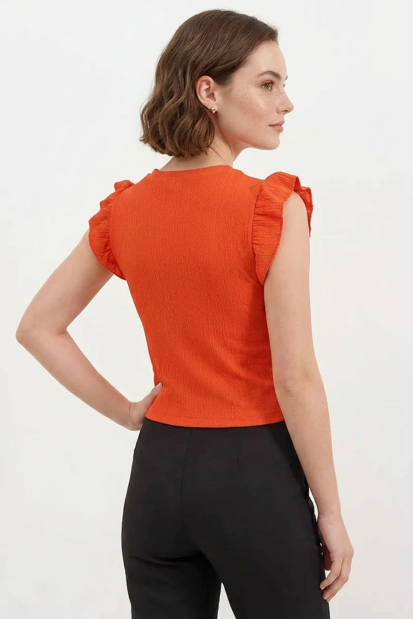 Kadın Yuvarlak Yaka Fırfırlı Kol Bluz