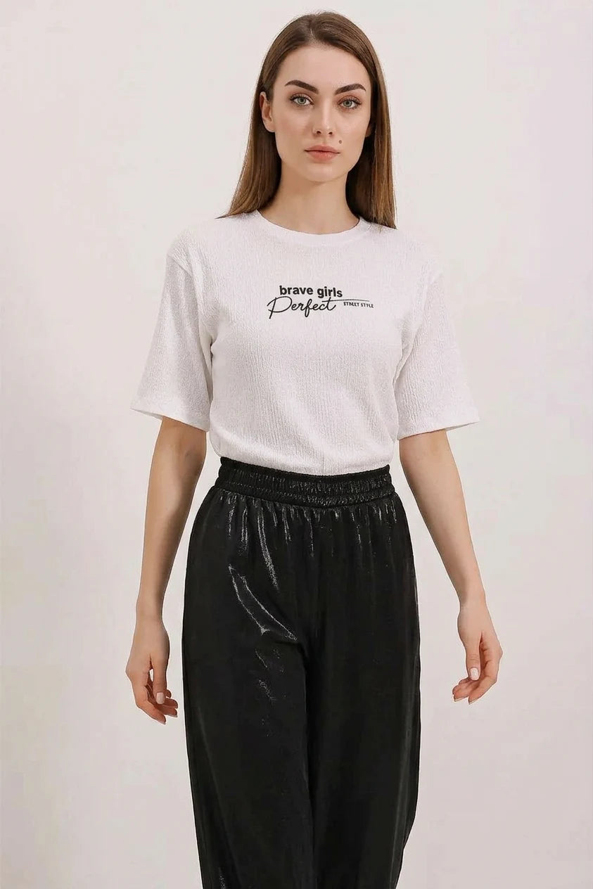 Kadın Oversize Baskılı Beyaz Tişört