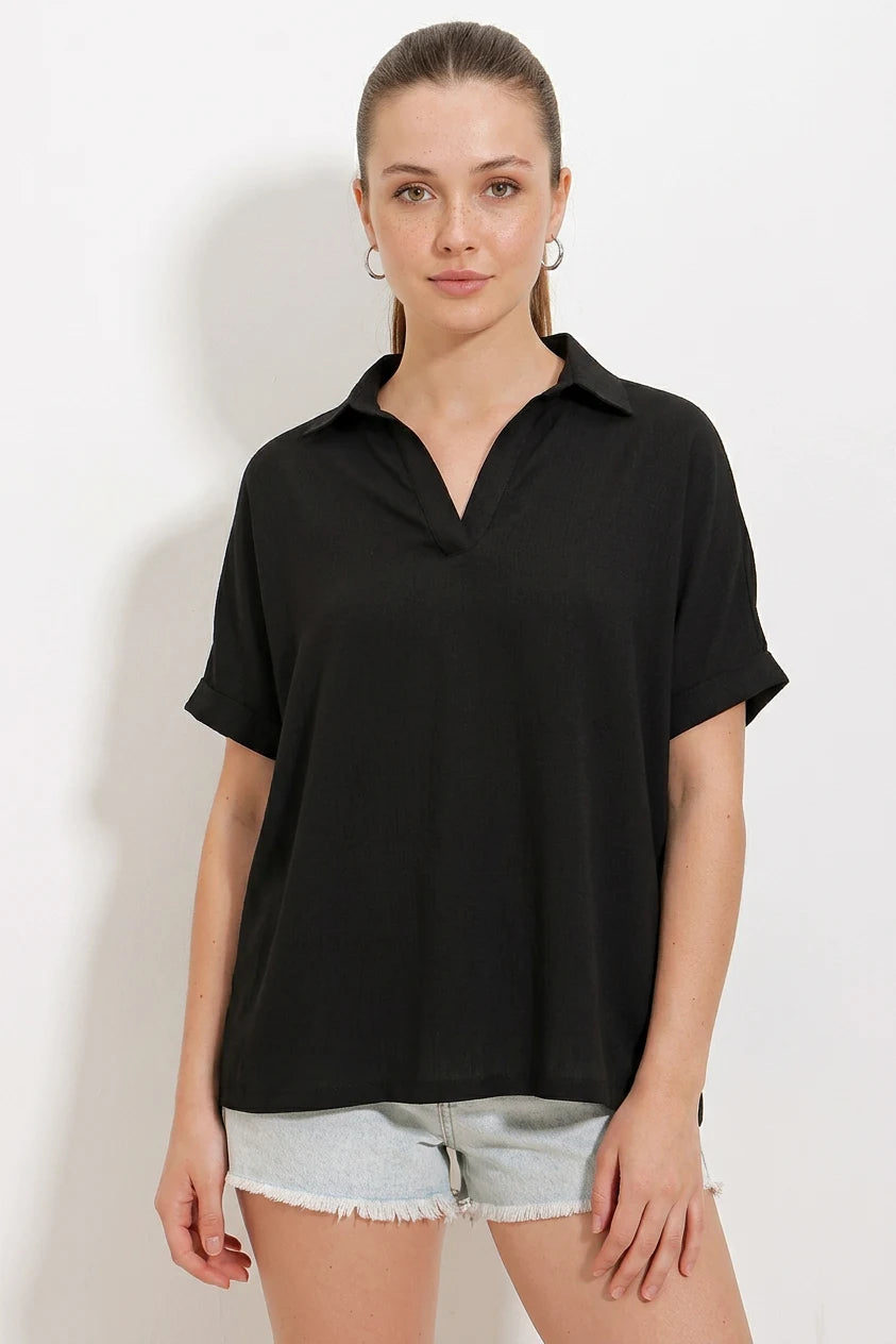 Kadın Polo Yaka Kısa Kol Oversize Bluz