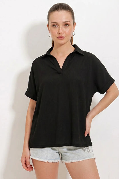 Kadın Polo Yaka Kısa Kol Oversize Bluz