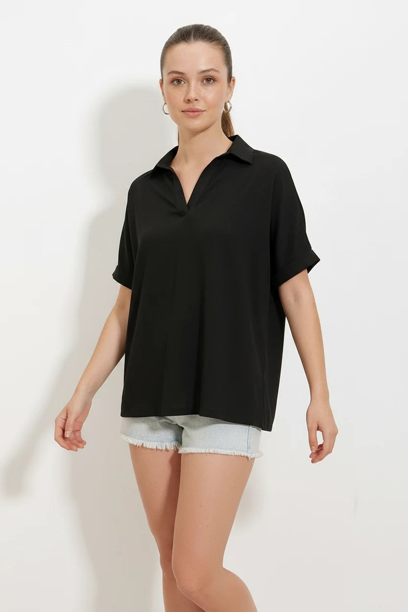 Kadın Polo Yaka Kısa Kol Oversize Bluz