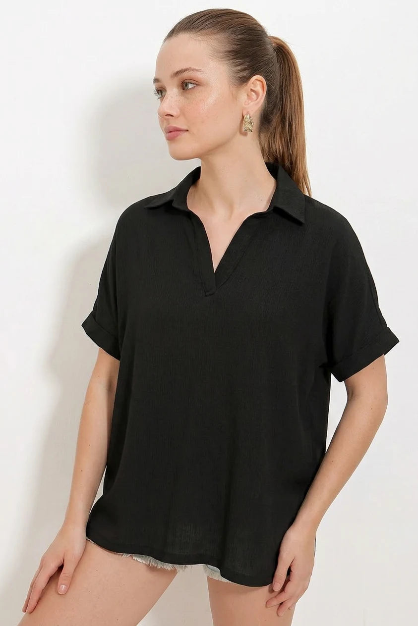 Kadın Polo Yaka Kısa Kol Oversize Bluz