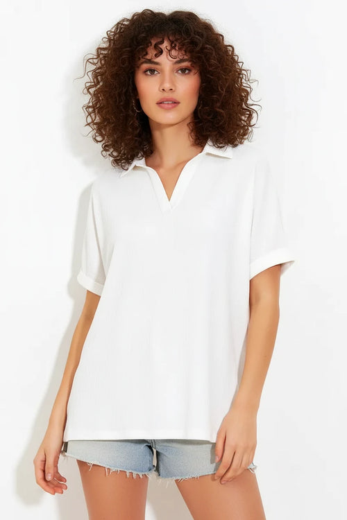 Kadın Polo Yaka Kısa Kol Oversize Bluz
