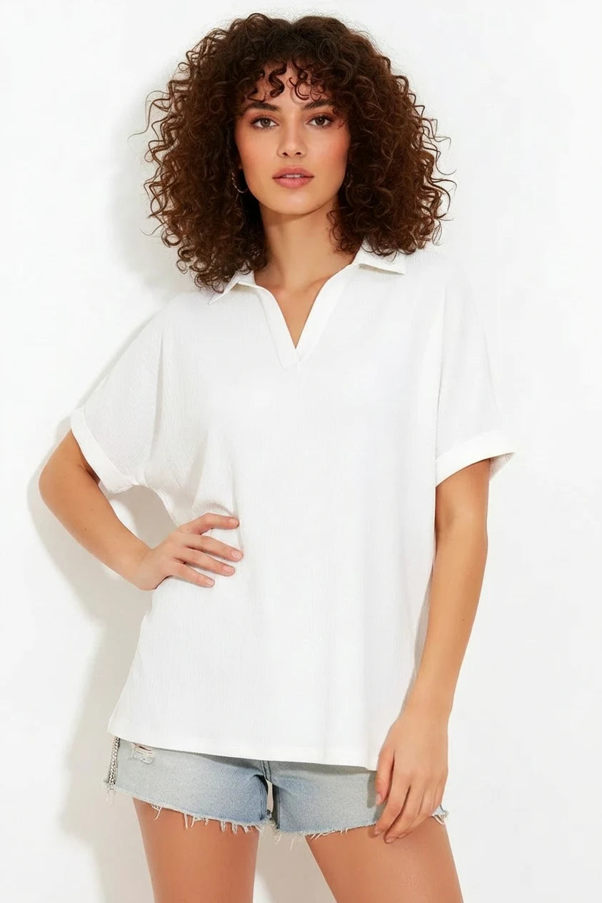 Kadın Polo Yaka Kısa Kol Oversize Bluz