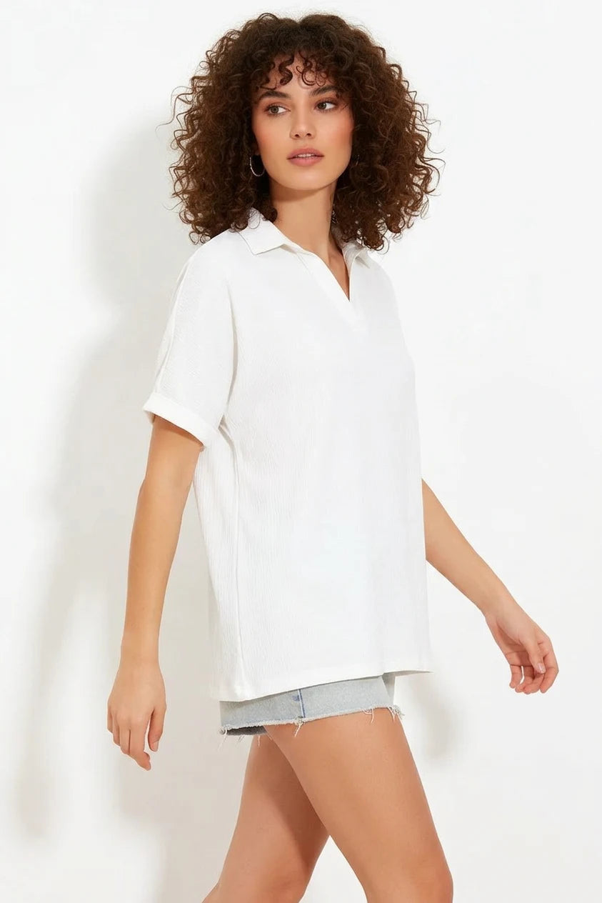 Kadın Polo Yaka Kısa Kol Oversize Bluz