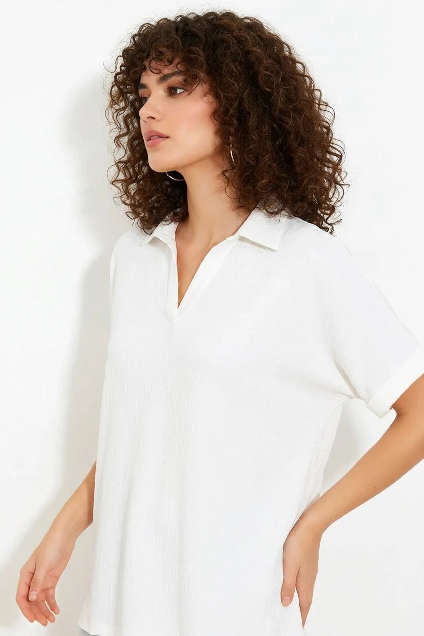 Kadın Polo Yaka Kısa Kol Oversize Bluz