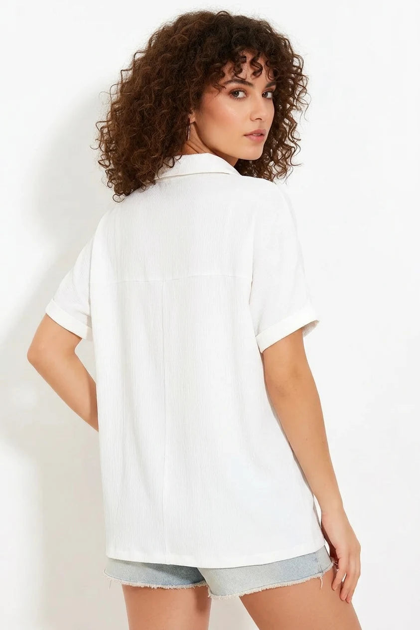 Kadın Polo Yaka Kısa Kol Oversize Bluz