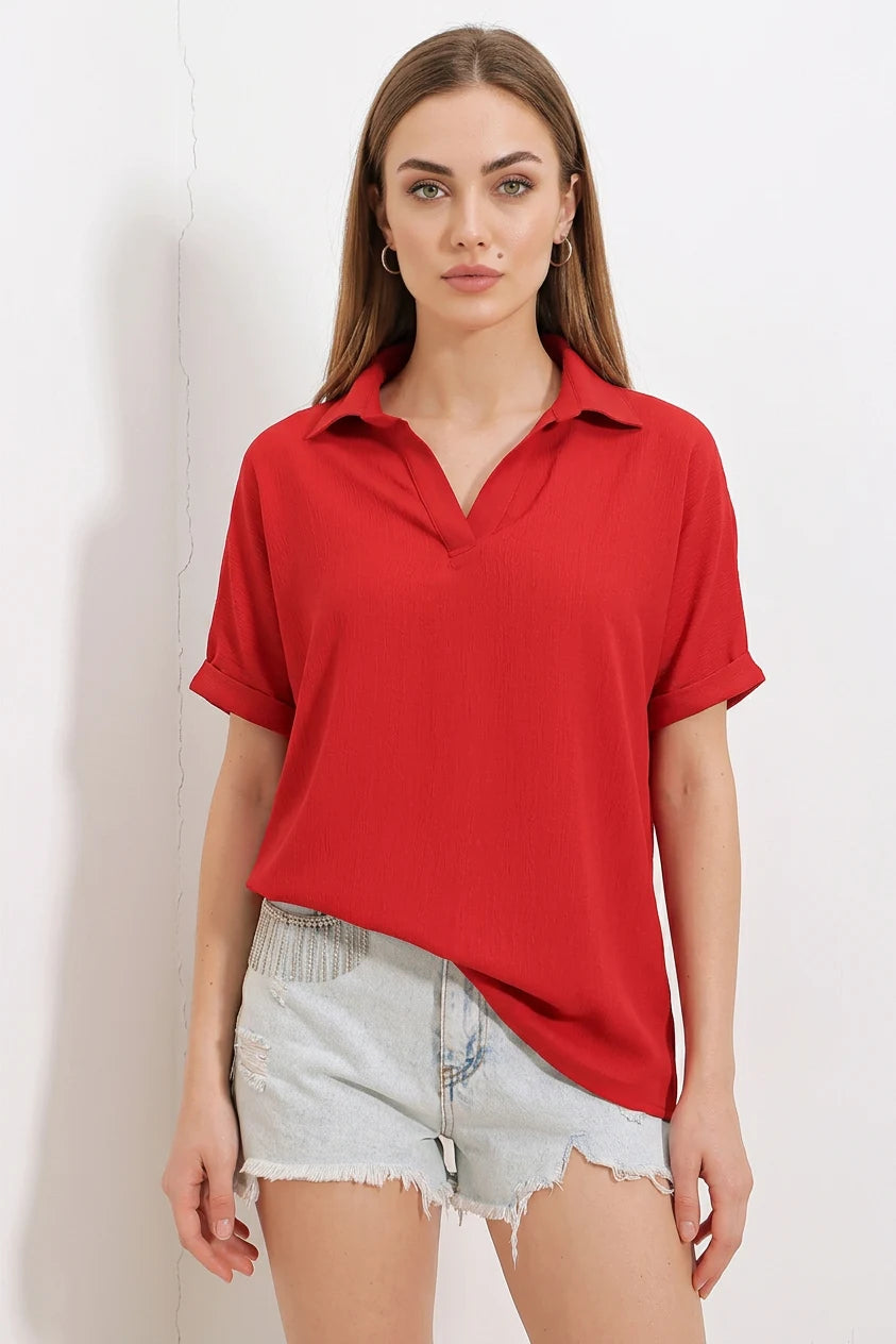 Kadın Polo Yaka Kısa Kol Oversize Bluz