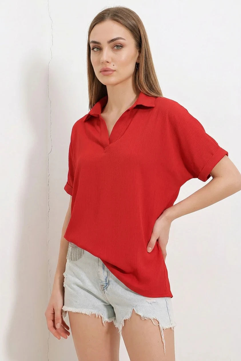 Kadın Polo Yaka Kısa Kol Oversize Bluz